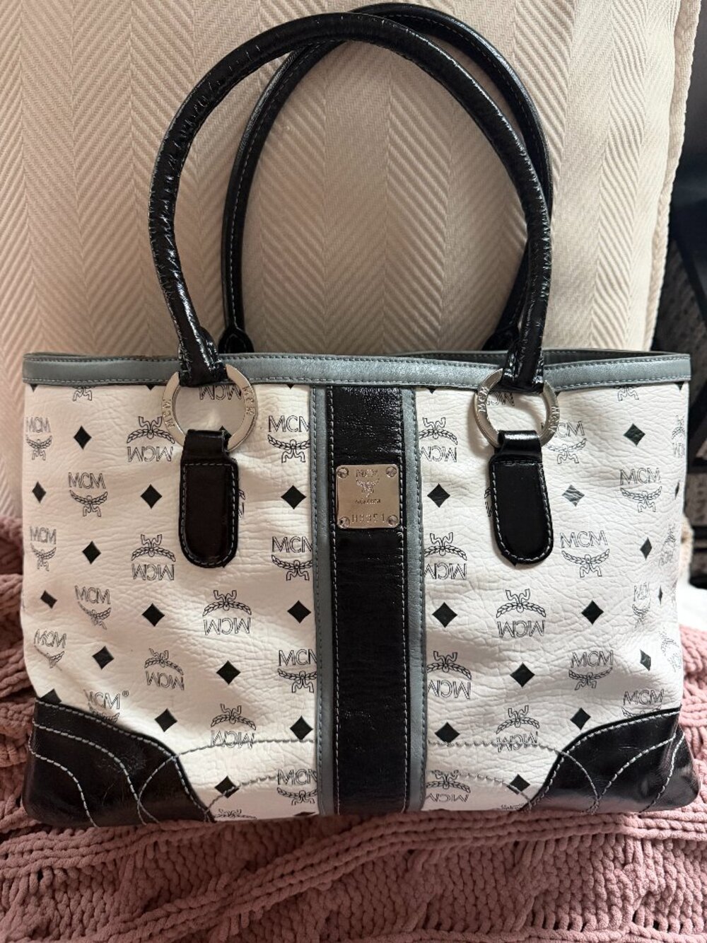 MCM Visetos Tote Shoulder Bag White Black Gray